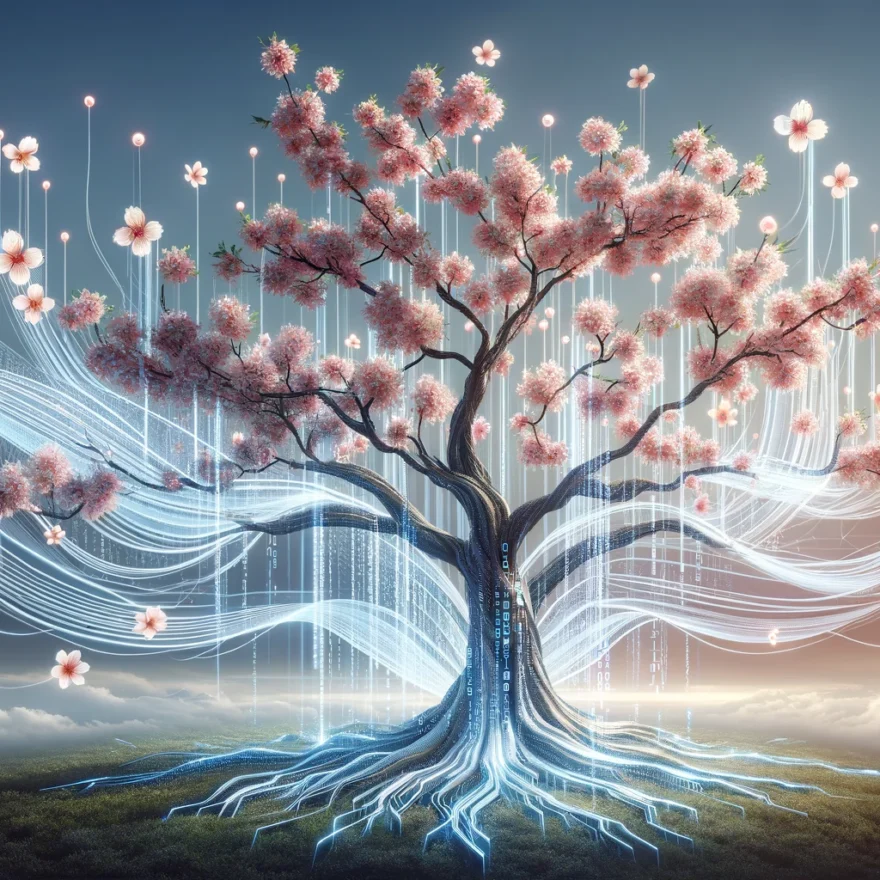 A surrealistic image of a Japanese cherry blossom tree, where the branches and flowers are composed of flowing streams of digital data and binary code
